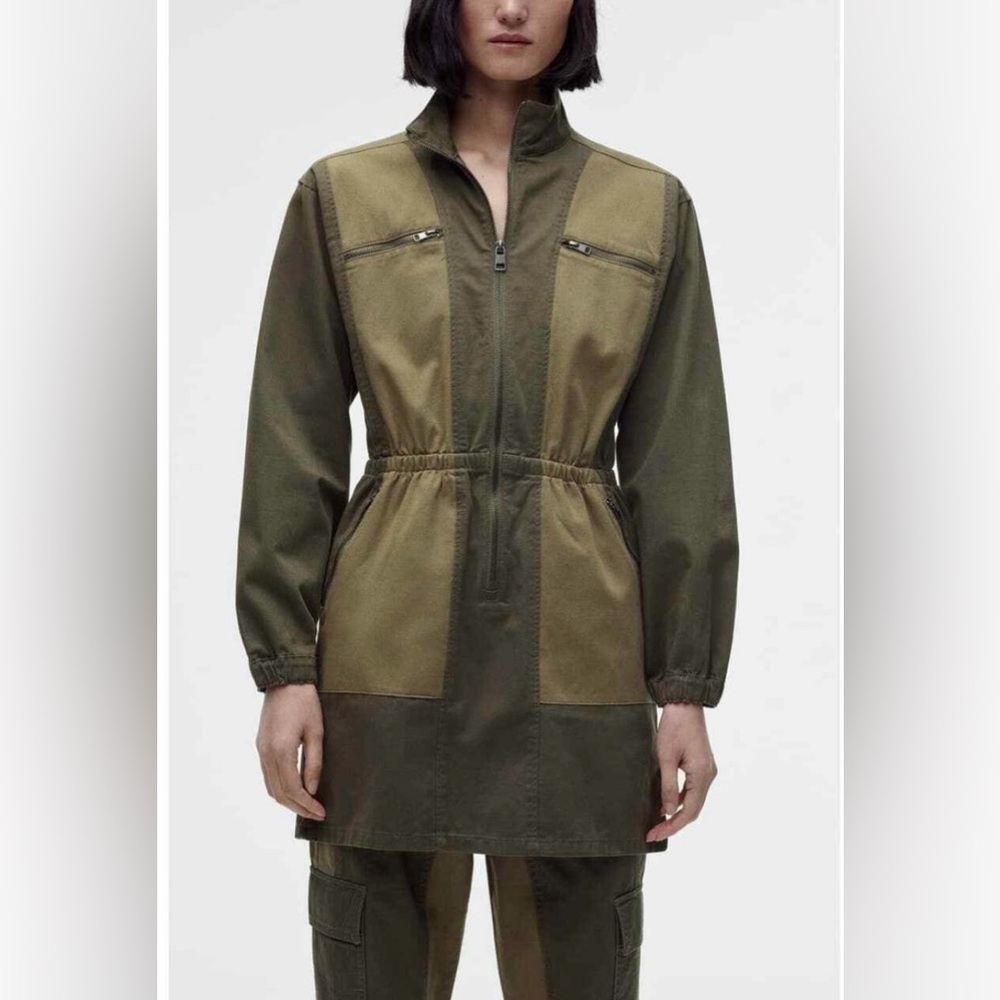 Zara Military Style Two Tone Contrast Utility Dress Size M